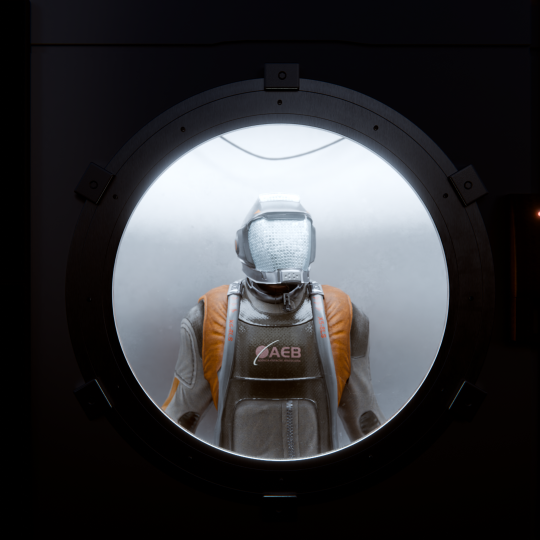 Astronauta brasileiro em traje espacial moderno, olhando por uma janela