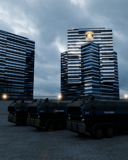 Prédio da Polícia Federal em um cenário futurista, com caminhões blindados distópicos